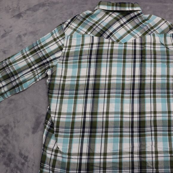 Old Navy Shirt Mens M Blue Green Plaid Pearl Snap Western Fit Button Up Dress - Picture 15 of 16
